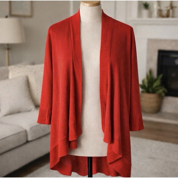 Eileen Fisher Sweaters - Eileen Fisher Red 100% Linen Open Front Waterfall Cardigan Sweater Size XS